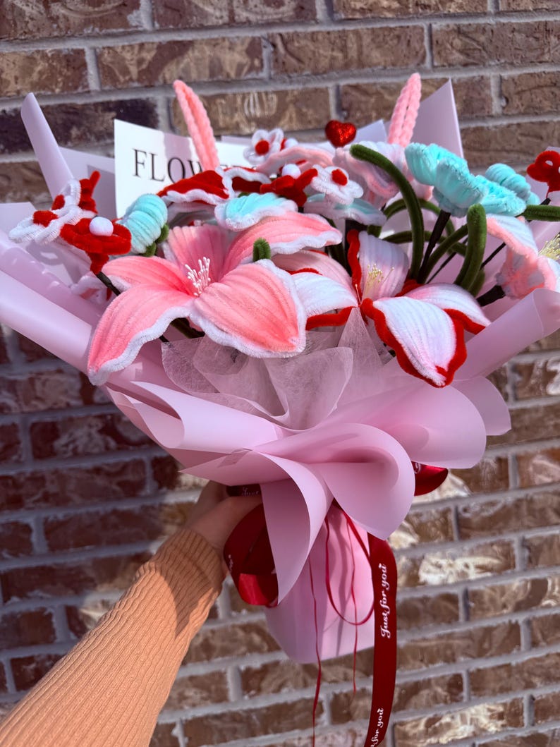 Handmade Pipe Cleaner Pastel Lily Bouquet- Medium size, Pipecleaner Flower . image 9