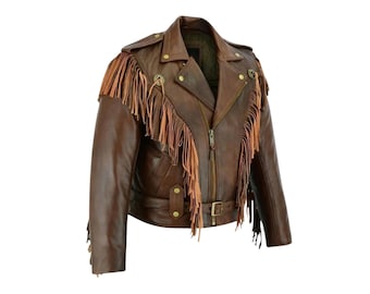 Brown Fringe Leather Jacket Men: Handmade Western Motorcycle Coat