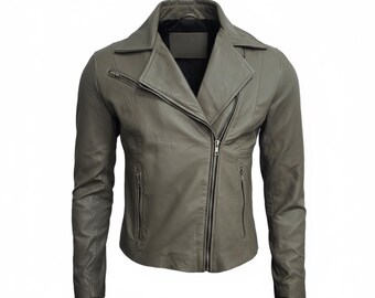 Mens Grey Genuine Leather Biker Jacket - Distressed Moto Style