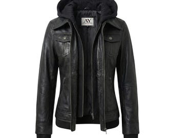 Women’s Hooded Leather Jacket with Thumbholes: Real Lambskin Coat & Removable Hood