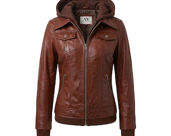 Women’s Brown Hooded Leather Jacket with Thumbholes: Real Lambskin Hand Warmer Coat