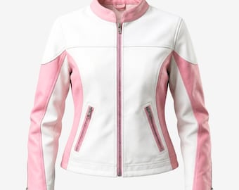 Women’s Pink & White Leather Moto Jacket: Colorblock Cafe Racer Biker Coat