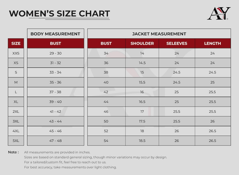 Puede incluir: Tabla de tallas para mujer con medidas corporales y de chaqueta en pulgadas. La tabla incluye medidas de busto, hombro, manga y largo para tallas XXS a 5XL. El texto "WOMEN'S SIZE CHART" est&aacute; en la parte superior.