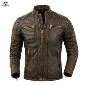 Men's Distressed Leather Biker Jacket – Handmade Vintage Moto Coat