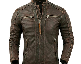 Men's Distressed Leather Biker Jacket – Handmade Vintage Moto Coat