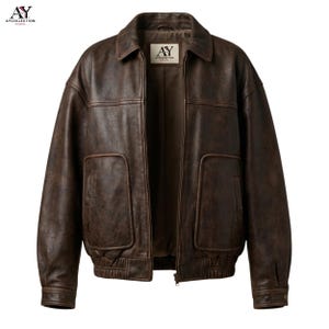Chaqueta bomber de cuero marrón extragrande para mujer: estilo vintage de los años 80, corte cuadrado, piel de oveja auténtica. Deep Brown