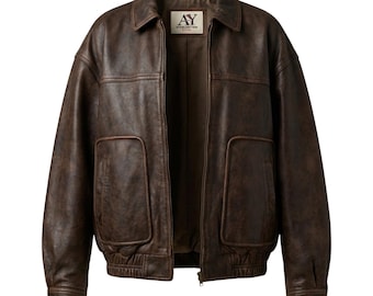 Women’s Oversized Brown Leather Bomber Jacket: Vintage 80s Boxy Fit Real Sheepskin