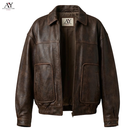 Women’s Oversized Brown Leather Bomber Jacket: Vintage 80s Boxy Fit Real Sheepskin