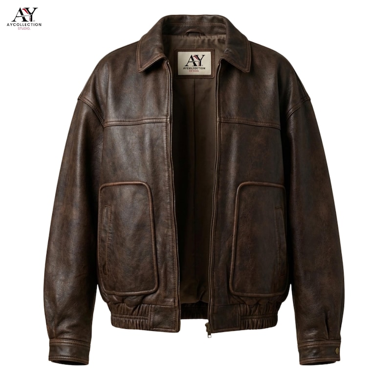 Chaqueta bomber de cuero marrón extragrande para mujer: estilo vintage de los años 80, corte cuadrado, piel de oveja auténtica. Deep Brown