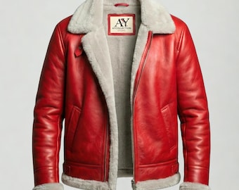 Men’s Red Real Leather B3 Bomber Jacket: Faux Shearling Aviator Coat
