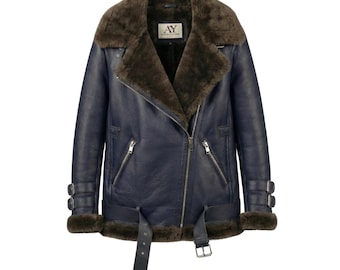 Navy Blue Women’s Real Sheepskin Leather B3 Bomber Jacket Faux Fur Aviator