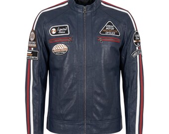 Men's Navy Blue Racing Leather Jacket, Motorcycle Patch Biker Coat, Gift for Him