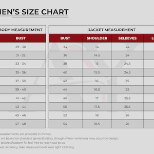 May include: A women's size chart with body and jacket measurements in inches. The chart includes bust, shoulder, sleeve, and length measurements for sizes XXS to 5XL. The text "WOMEN'S SIZE CHART" is at the top.