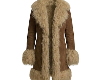 Women’s Penny Lane Coat: 70s Vintage Suede Afghan Jacket with Mongolian Fur Trim