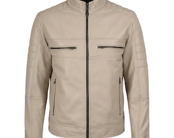 Men's Beige Lambskin Leather Jacket, Real Leather Biker Coat, Gift for Him