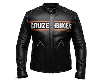 Black Leather Motorcycle Jacket: CRUZE-BIKER Embossed Urban Biker Style