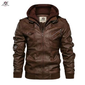 Men’s Real Lambskin Hooded Leather Bomber Jacket with Removable Hood