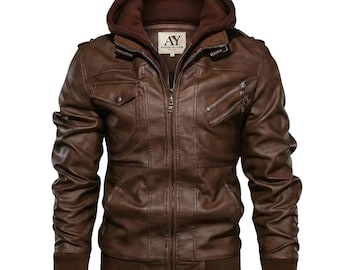 Men’s Real Lambskin Hooded Leather Bomber Jacket with Removable Hood