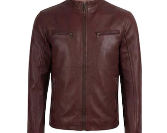 Men's Burgundy Real Leather Jacket, Lambskin Biker Jacket, Gift for Him