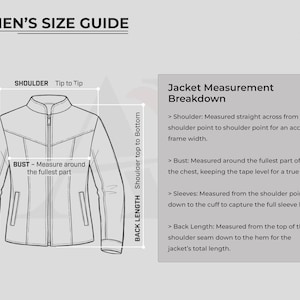 May include: A women's size guide for jackets, featuring a diagram with measurement points labeled: shoulder, bust, sleeves, and back length. Includes a breakdown of how to measure each area for an accurate fit. The text "WOMEN'S SIZE GUIDE" is at the top.