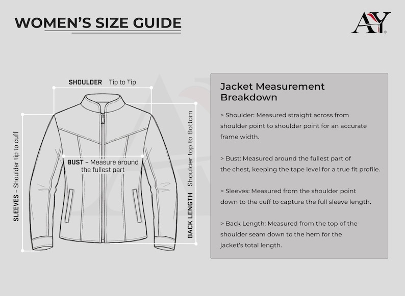 May include: A women's size guide for jackets, featuring a diagram with measurement points labeled: shoulder, bust, sleeves, and back length. Includes a breakdown of how to measure each area for an accurate fit. The text "WOMEN'S SIZE GUIDE" is at the top.