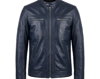 Men's Navy Blue Real Leather Jacket, Genuine Cafe Racer Biker Coat, Gift for Him