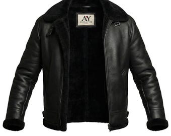 Men’s Black B3 Bomber Jacket: Real Sheepskin Leather Aviator with Faux Shearling