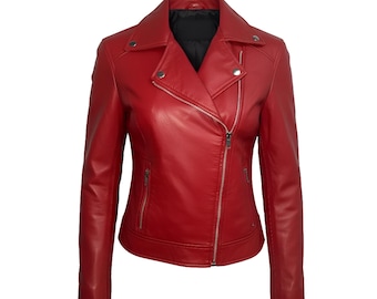 Red Leather Moto Jacket: Women's Genuine Leather Biker Outerwear