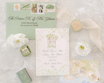 May include: Wedding invitation suite with a green and white color scheme. The invitation features a watercolor illustration of a house with trees and the text "Isabella Ramona Weir Nathan Don Gilmore Villa Eva Ravello, Amalfi Coast Italy". The RSVP card features a watercolor illustration of the Amalfi Coast.