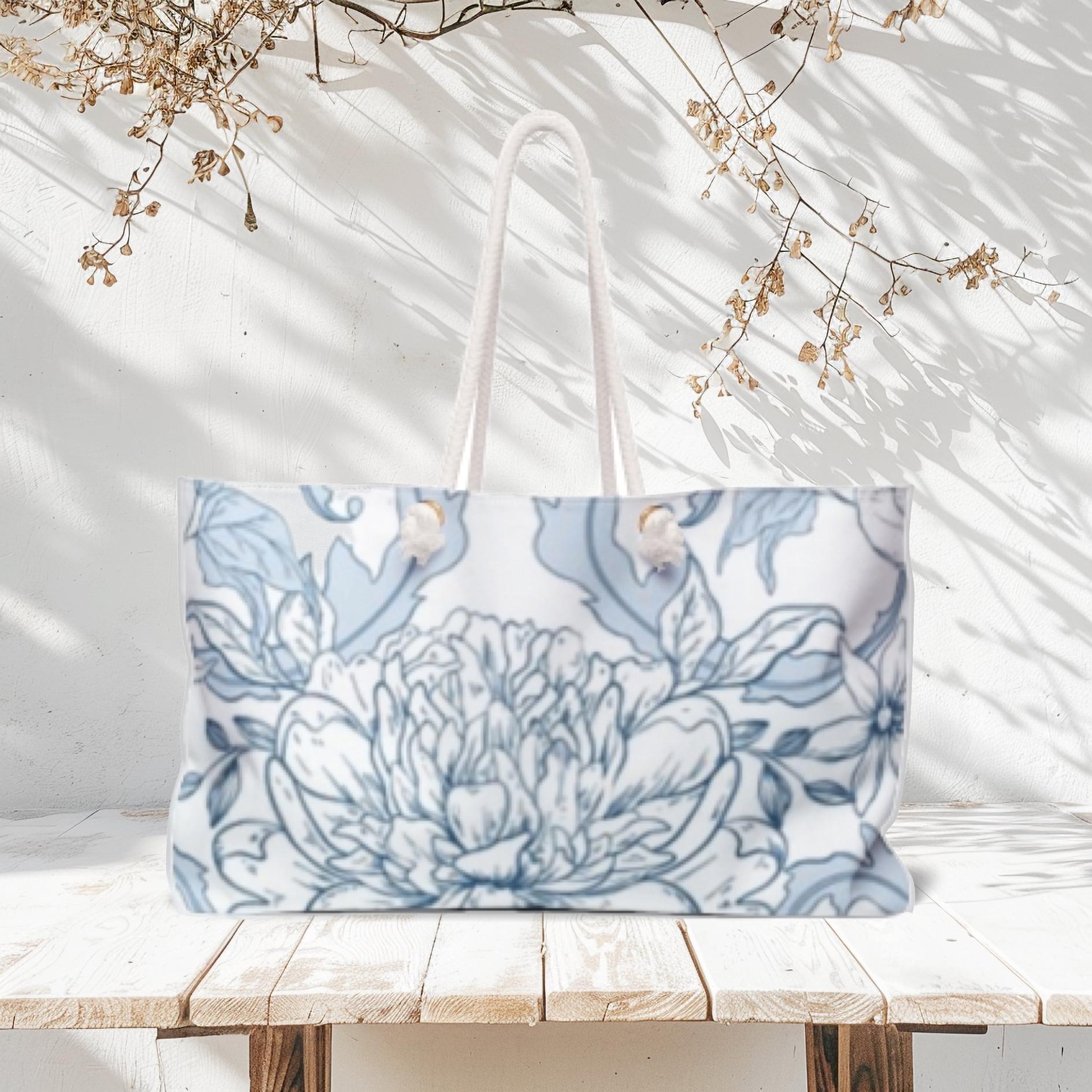 Borsa da weekend floreale blu e bianca, borsa da spiaggia, borsa