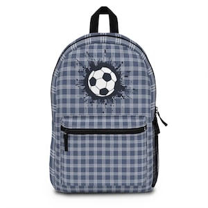 Personalized Boys Soccer Backpack – Navy Blue Plaid Kids Bookbag, Sports Backpack with Soccer Ball Graphic, Back to School Gift for Boys