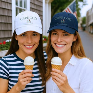Cape Cod Embroidered Hat – Custom Text Navy Hat – Bike Design Cap – Cape Cod Massachusetts Dad Hat – Coastal Embroidery – New England Gift