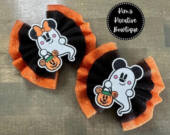 Minnie and Mickey Inspired Halloween Ghost Tulle + Glitter Double Layer Hair Bow(s) // Girls Baby Toddler Kids Hair Bow Hair Clip Headband