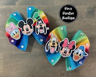 Rainbow Mickey Minnie Goofy Daisy Donald Pluto Inspired Tulle + Glitter Hair Bow(s) // Girls Baby Toddler Kids Hair Bow Hair Clip Headband