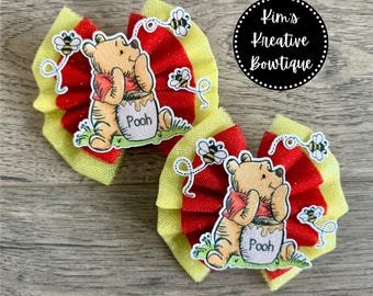 Winnie the Pooh - Pooh Bear Inspired Tulle +  Glitter Hair Bow(s) // Girls Baby Toddler Kids Hair Bow Hair Clip Headband