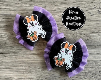 Minnie Purple Inspired Halloween Ghost Tulle + Glitter Double Layer Hair Bow(s) // Girls Baby Toddler Kids Hair Bow Hair Clip Headband