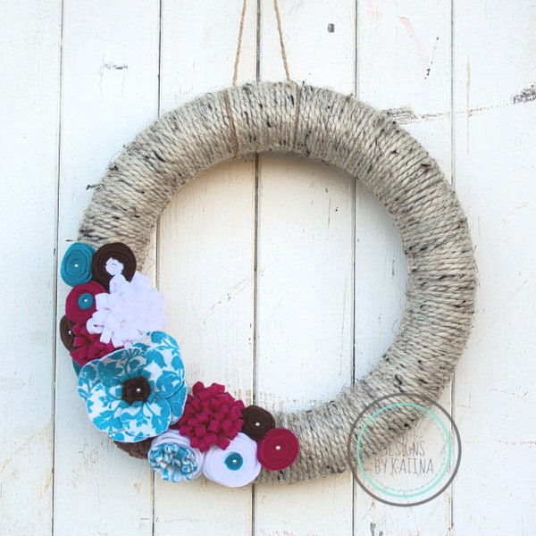 Twill Yarn Wreath, Felt Floral Yarn Wreath, Summer Floral Yarn Wreath, Rustic Wreath, Farmhouse Wreath