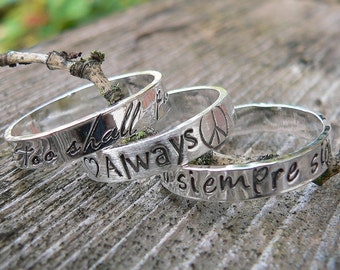 3 Stacked Custom Solid Sterling Silver Set of Stackable Hand Stamped Rings - You Choose Font & Finish - Your Message or Quote - Unique Gift