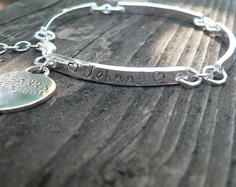Stamped Sterling Silver Hand Hewn Link Bracelet with Heart Charm - Thick - Customize Words, Font - Message Bracelet - Forever quality