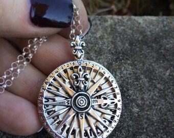 My True North - Solid Sterling Rose Compass Replica Necklace - Customizable Pendant - Many Fonts - Your Own Message - Secret Message