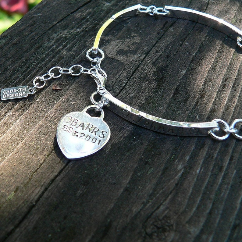Stamped Sterling Silver Hand Hewn Link Bracelet with Heart Charm Font Customize Words Thick Message Bracelet Forever quality
