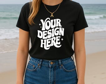 Mockup T-shirt Bella Canvas 3001 zwart | Strandmodel (digitale download)