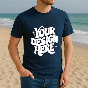 Blue Bella Canvas 3001 T-Shirt Mockup with Man on Beach | T-Shirt Model Mockup | T-shirt Bella Canvas Mockup | Bella Canvas 3001 Mockup Blue
