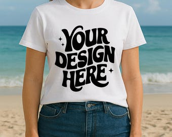 Maqueta de camiseta blanca Bella Canvas 3001 / Escena de playa (Descarga digital)