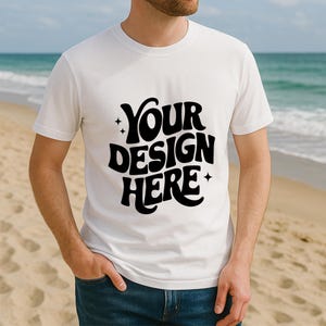 Bella Canvas 3001 White T-Shirt Mockup with Man on Beach | T-Shirt Model Mockup | T-shirt Men Bella Canvas Mockup | Bella Canvas 3001 Mockup