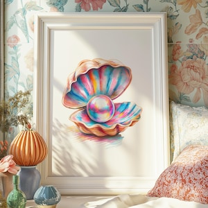 Pearl Wall Art, Digital Print, Rainbow Art, Ocean Inspired, Coastal Decor, Home Decor, Mermaidcore, Trendy Gift