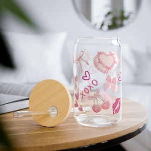 Coquette Pink Glass Tumbler, Iced Coffee Cup, Reusable Glass, Eco-Friendly Drinkware, Cute Tumbler Gift, Glass Cup, Cherry Aesthetic