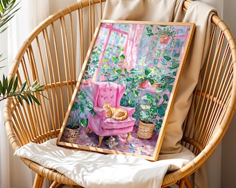 May include: A painting of a pink armchair with a cat sitting in it. The armchair is in a room with many plants and a window. The painting is in a wooden frame and is sitting on a wicker chair.