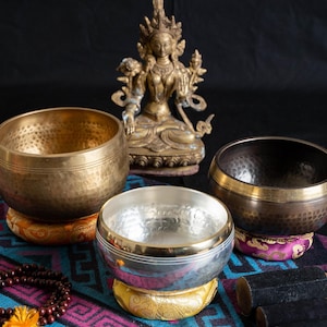 Chakra Hand Beaten Tibetan Singing Bowl Sets - Himalayan Meditation Singing Bowl Set from Nepal - Tibetan Singing bowl Set of 3