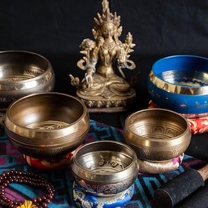 Chakra Hand Beaten Tibetan Singing Bowl Sets - Himalayan Meditation Singing Bowl Set from Nepal - Tibetan Singing bowl Set of 5